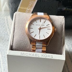 Michael Kors Rose Gold and White Timepiece